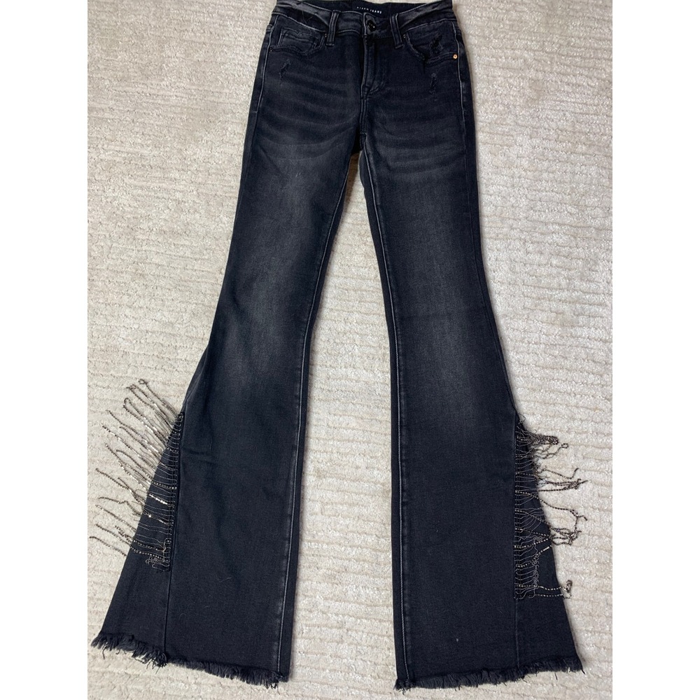 Risen Jeans Black Distressed Flare Rhinestone Chain Fringe Jeans Size 0/24 - Picture 2 of 16